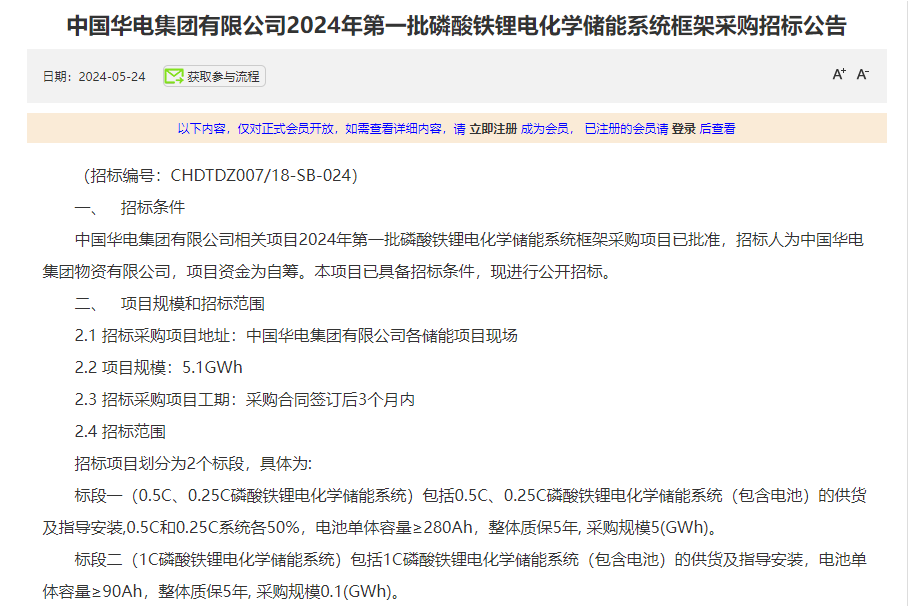 5.1GWh！中國(guó)華電2024年第一批磷酸鐵鋰電化學(xué)儲(chǔ)能系統(tǒng)框采