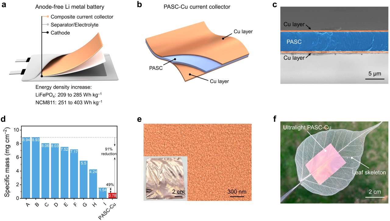 圖1. 超輕復(fù)合集流體實(shí)現(xiàn)高比能無(wú)負(fù)極鋰金屬電池